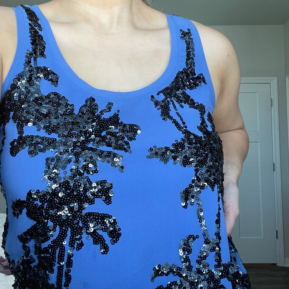 Blue Express Tank Top with Sequin Palm Trees